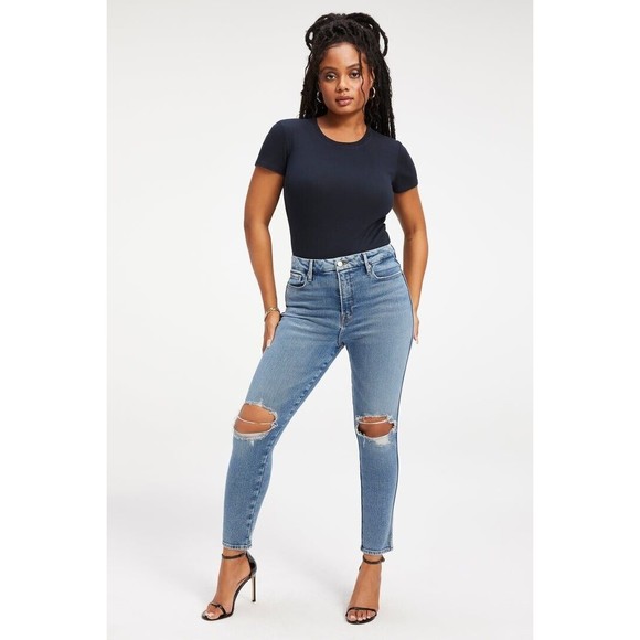 Good American Good Curve Skinny Crop Denim Jeans Blue High Waist Distressed New - Picture 9 of 9